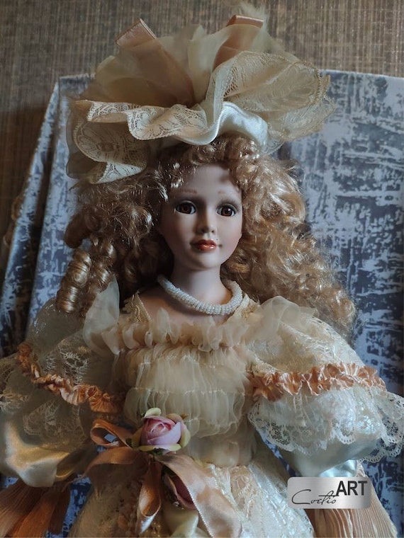 Vintage Porcelain Large Doll 'Knightsbridge' 1990's Beautiful Retro Victorian Doll Blonde hair and Hat  H 72cm /28.34 Collector's