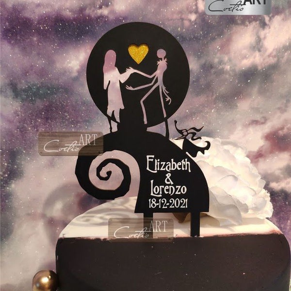 Custom Names Date Cake Topper Birthday Anniversary Wedding St.Valentine Jack & Sally in Love Moon Jack Skellington Glitter Heart