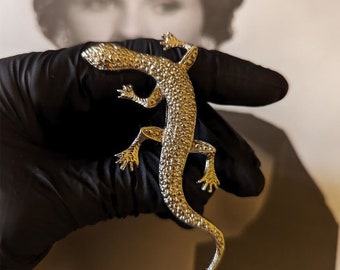 Broche Vintage Gécko - Métal Doré Avec Oxydations, Pièce Unique Et Originale