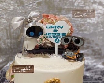 Custom Special Personalization Set HEART and WALL-E & EVE White Robots Bride Groom Funny Birthday Wedding Cake Topper Two figures