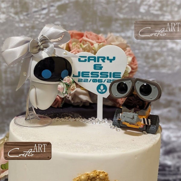 Custom Special Personalization Set HEART and WALL-E & EVE White Robots Bride Groom Funny Birthday Wedding Cake Topper Two figures