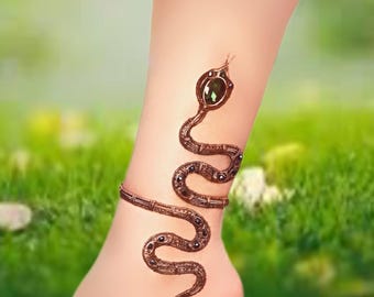 Boho Snake Ankle Bracelet: Wire Wrapped Copper Anklet With Czech