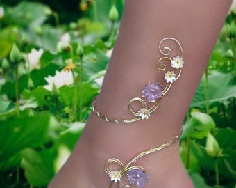 Lotus Flower Ankle Bracelet: Gold & Silver Wire Wrapped Anklet