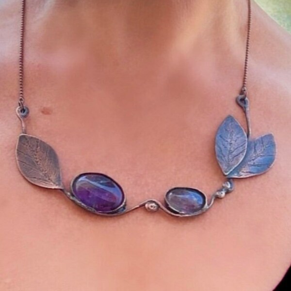 Purple amethyst necklace, Flowers necklace, Wire Wrapped copper necklace with amethyst