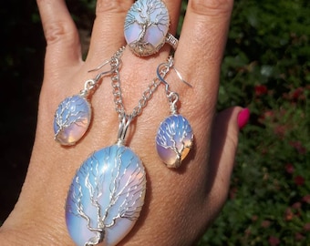 Silver Moonstone/Opalite tree of life pendant, Tree of life earrings, Tree of life adjustable ring, Wire Wrap jewelry,