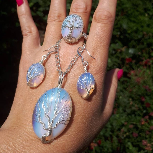 Silver Moonstone/Opalite tree of life pendant, Tree of life earrings, Tree of life adjustable ring, Wire Wrap jewelry,, Mothers day gift