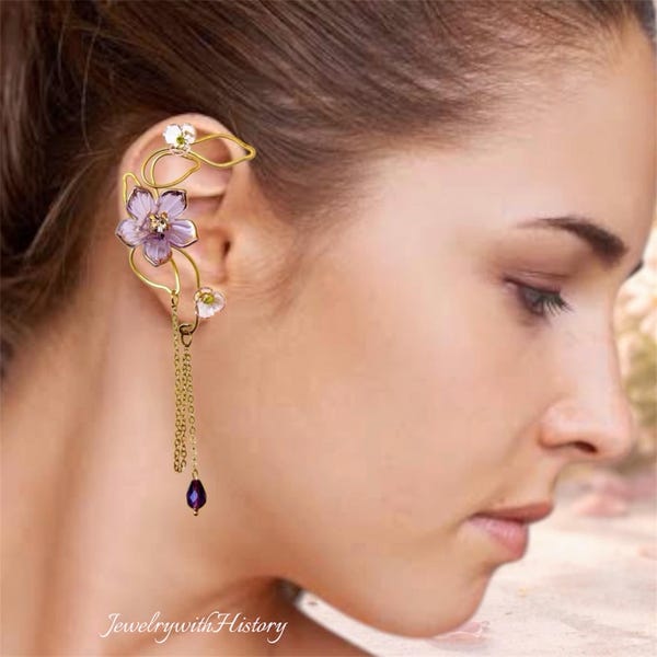 Golden Tone Floral Ear Cuff: Handmade Brass Ear Wrap, Purple, Aquamarine, Pink