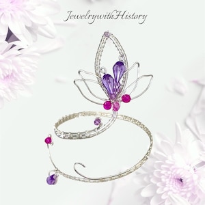 Silver Lotus Flower Arm Cuff: Crystal Wire Wrap, Adjustable