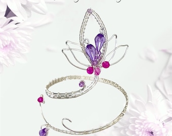 Silver Lotus Flower Arm Cuff: Crystal Wire Wrap, Adjustable