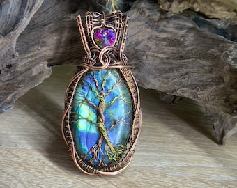 Multicolor Labradorite tree of life necklace pendant, Wire Wrapped copper and brass necklace, Tree of life pendant, Easter gifts