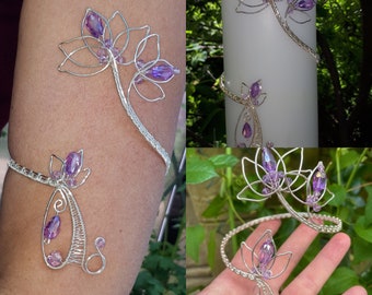 Silver upper Arm Lotus Flower bracelet, Cristal Wire Wrap Spiral Upper Arm cuff, Arm cuff bracelet,