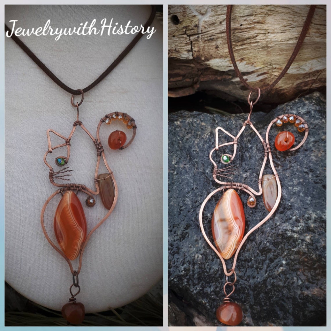 Cat Pendant With Carnelian Gemstone Wire Wrapped Copper Etsy
