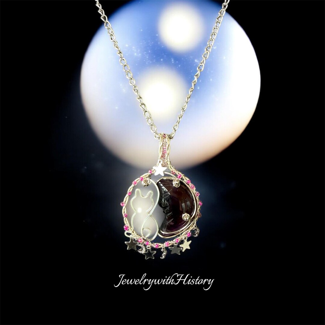 Amethyst Crescent Moon Cat Pendant: Handmade Silver Wire Necklace - Etsy