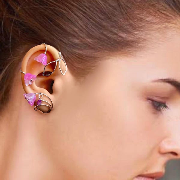 Silver Lily of Valley Ear Cuff: Wire Wrapped Elven Jewelry (No Piercing)