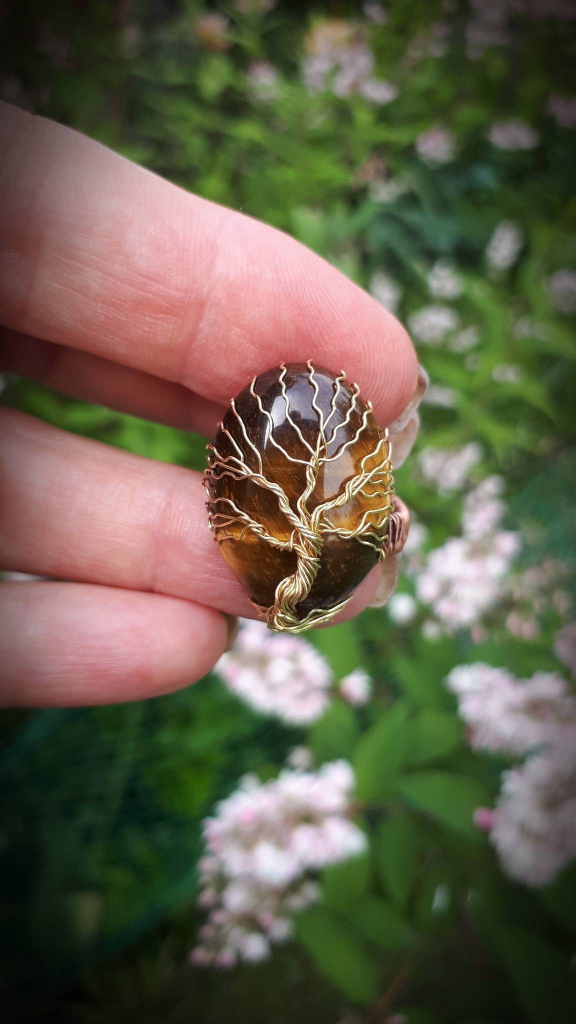 Adjustable Brass Tree of Life Ring With Tiger Eye, Wire Wrapped ...