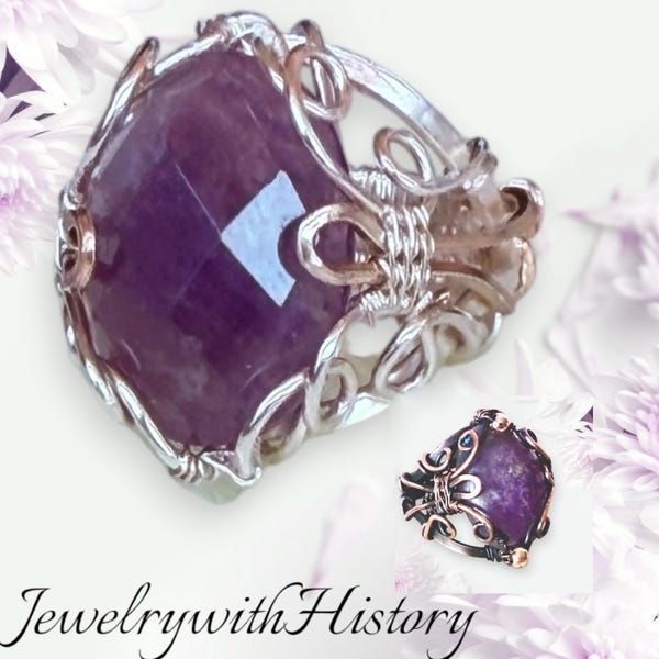 Amethyst Wire Wrapped Ring: Handmade Copper and Silver Plated Ring