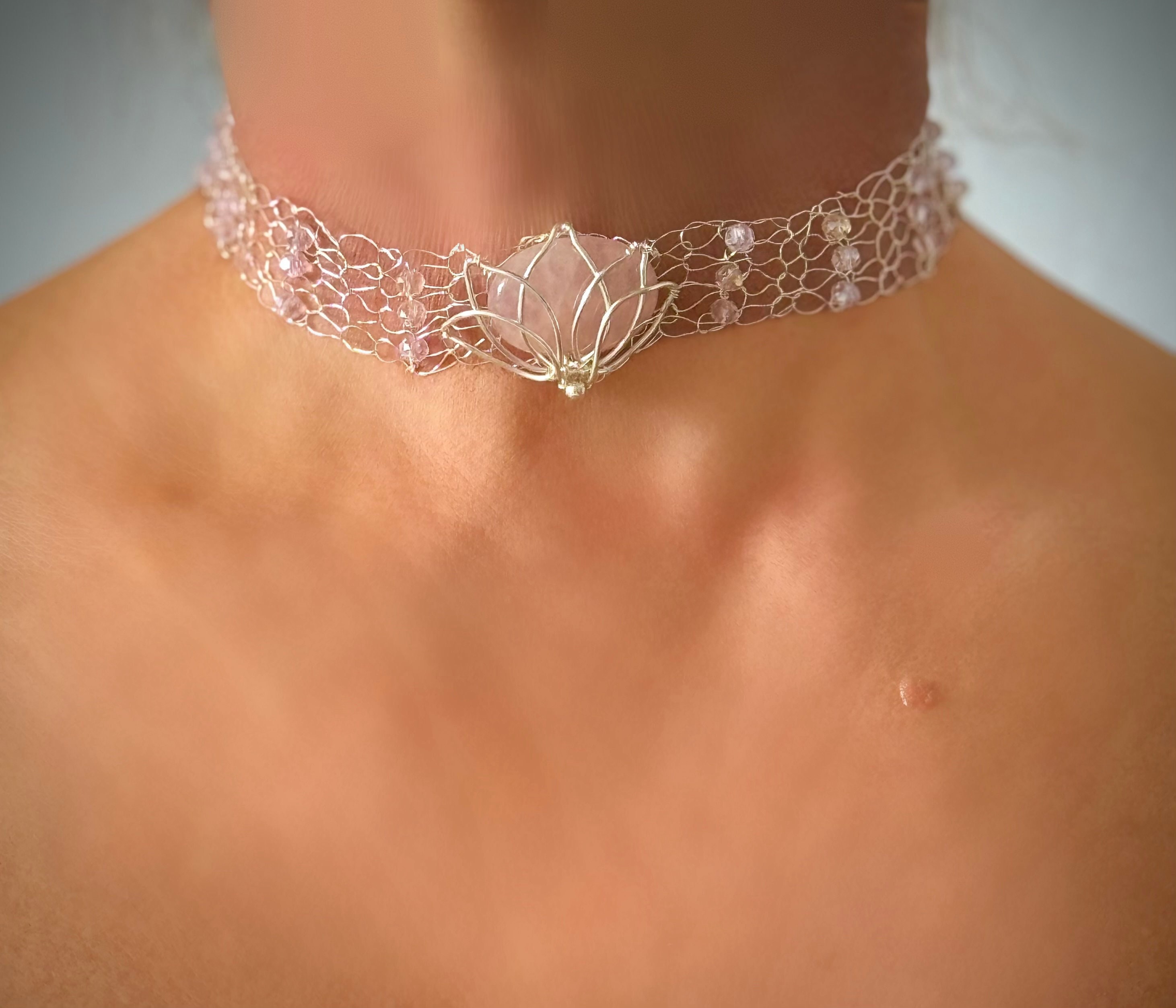 Wire Crochet Lotus Choker: Rose Quartz & Crystal Bib Necklace