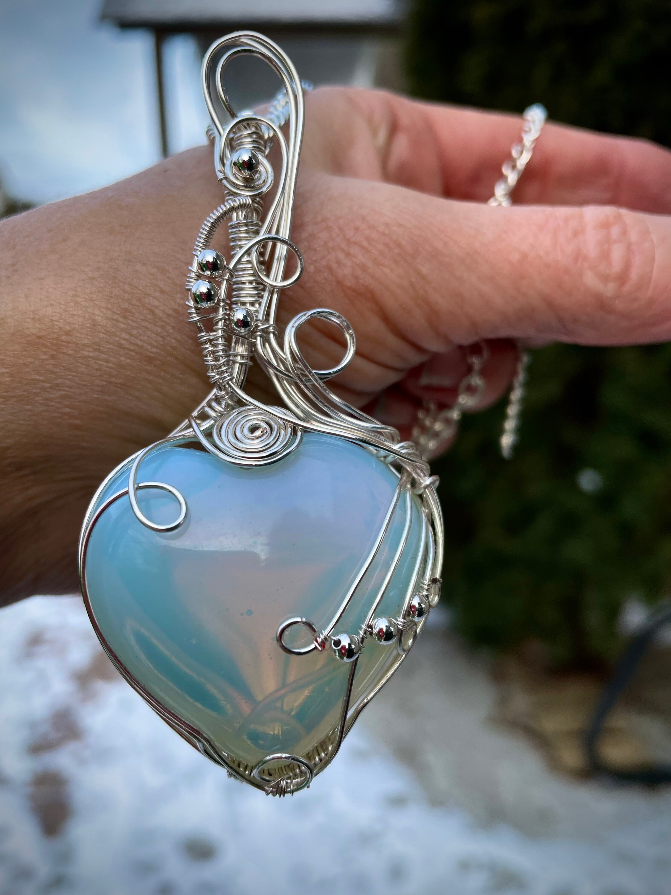 Moonstone (opalite) Heart Pendant, Wire Wrapped Heart Silver