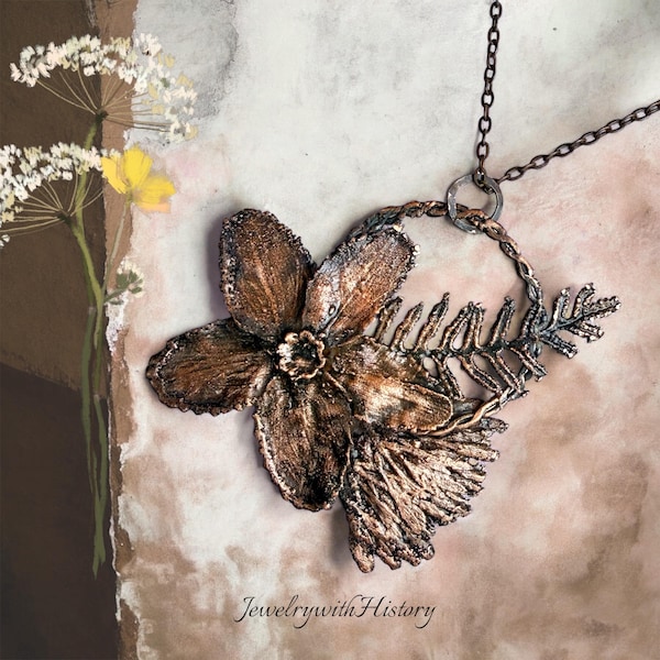 Electroformed Copper Flower Pendant from real leaves: nature botanical necklace