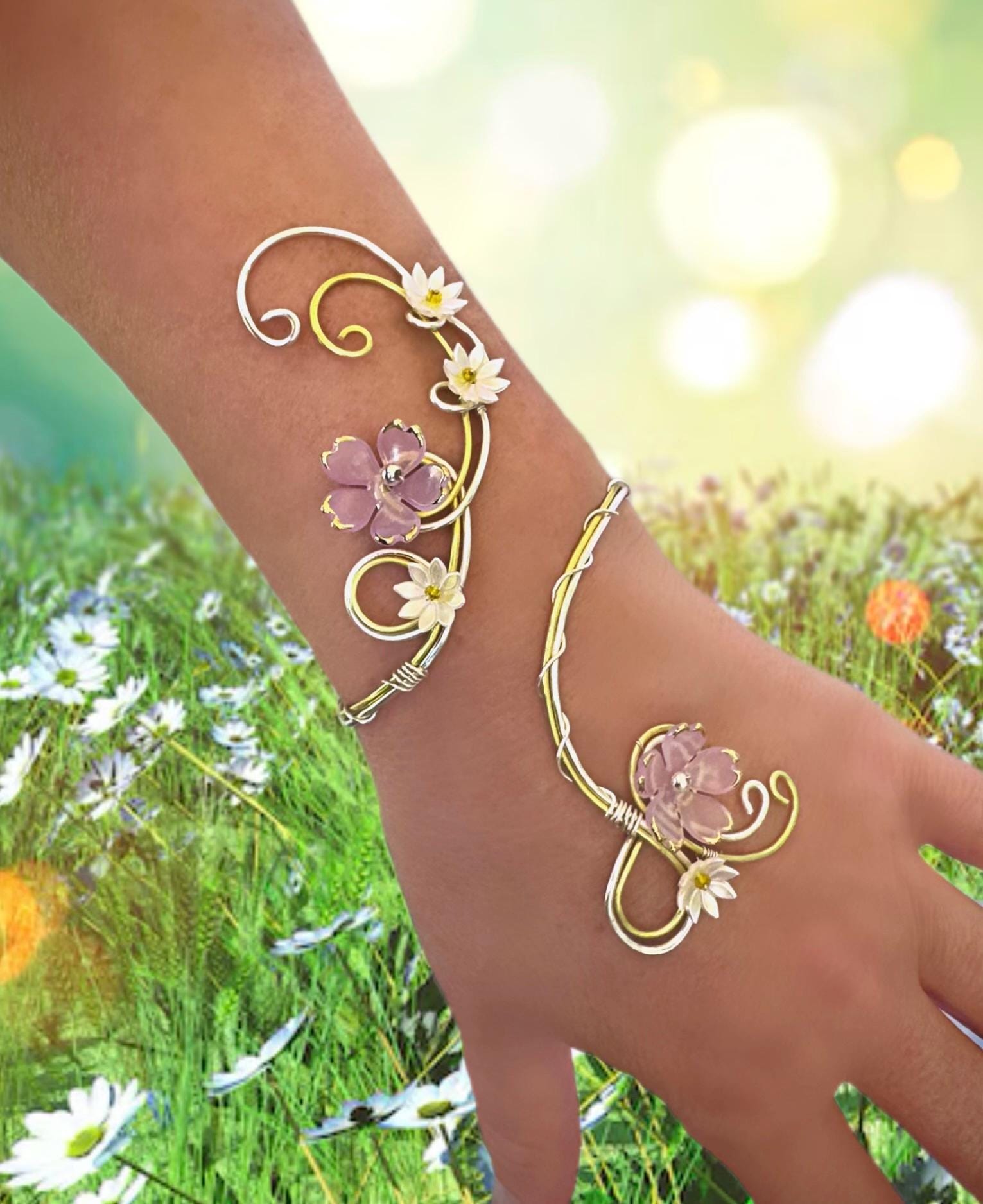 Lotus Flower Bracelet: Wire Wrapped Silver & Gold Cuff