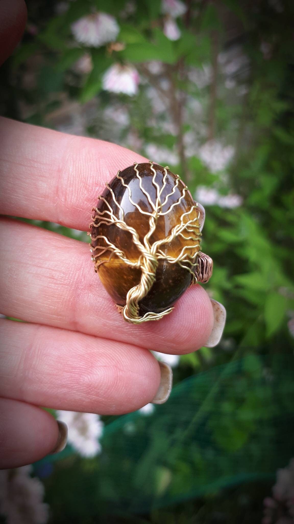 Adjustable Brass Tree of Life Ring With Tiger Eye, Wire Wrapped ...