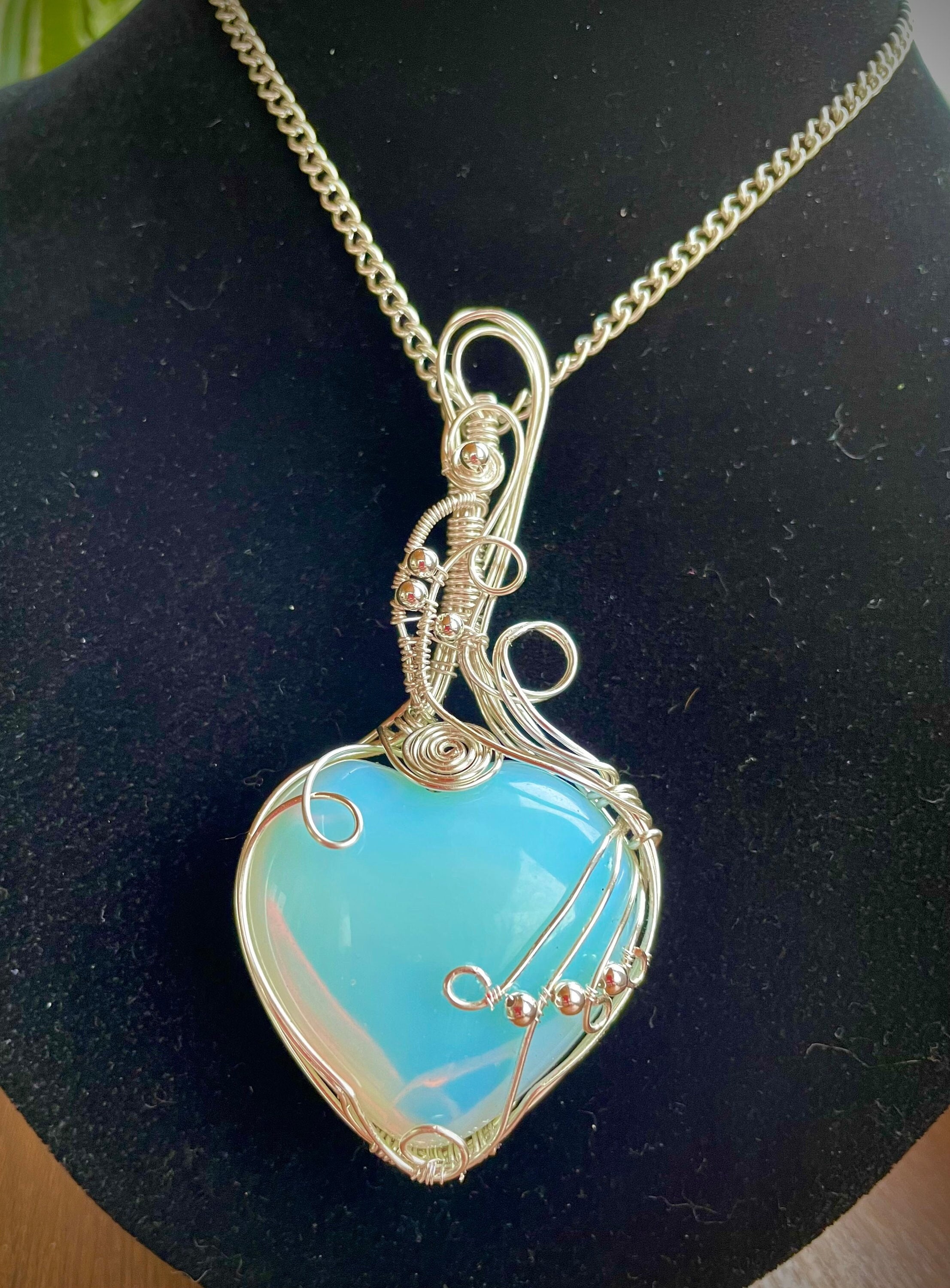Moonstone (opalite) Heart Pendant, Wire Wrapped Heart Silver