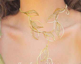 Handmade Brass Leaf Choker Necklace: Coquette Wire Jewelry