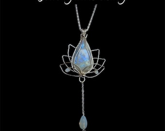 Wire Wrapped Moonstone Lotus Pendant Necklace - Silver Plated