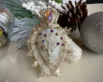 Silver Moonstone tree of life pendant, Wire wrap family Tree necklace, Tree of life pendant