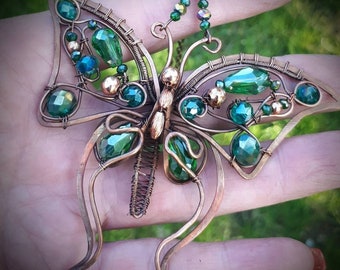 Crystal Butterfly pendant, Wire Wrapped copper necklace with crystals, Wire wrapped pendant