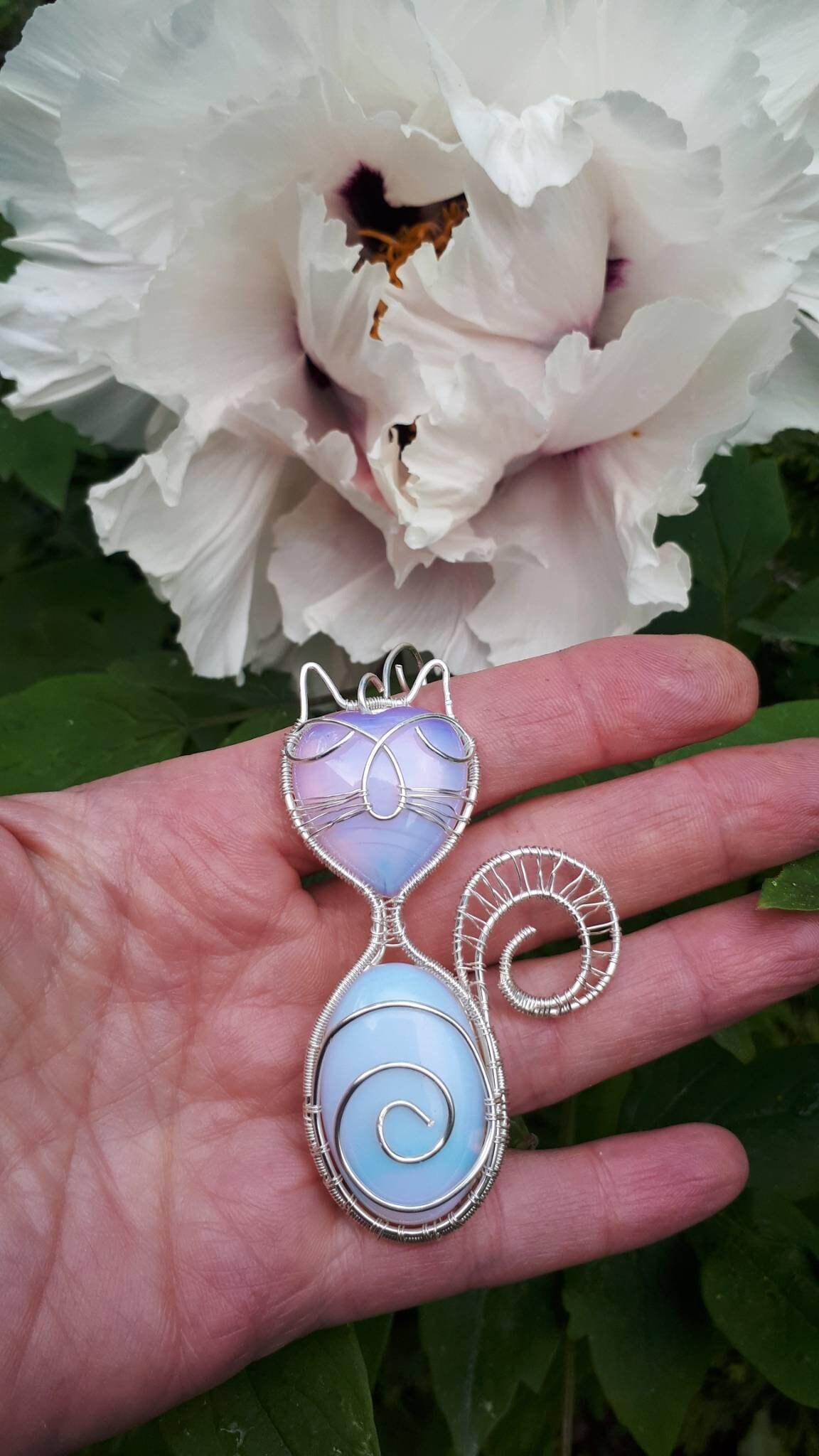 Moonstone opalite kitty pendant Wire Wrapped cat Silver Etsy