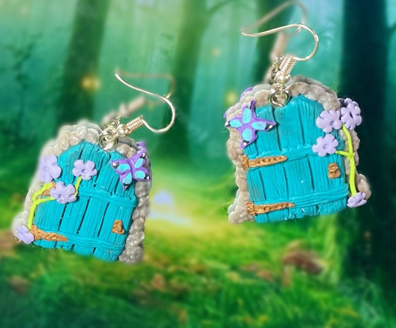 Cottagecore Handmade Polymer Clay Door Earrings Pink Gold Fairy Jewelry Cute