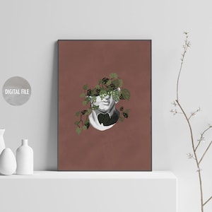 greek statue poster, greek mythology sculpture wall art, greek statue with flower aesthetics, statue wall art, greek bust printable wall art