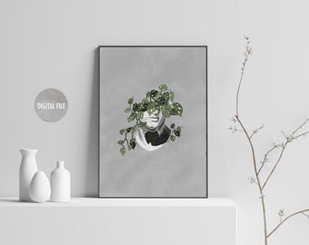 Impresión artística de busto griego con flores (descarga digital)