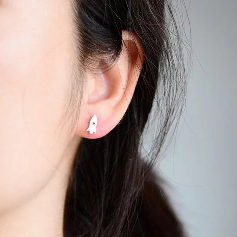 Small Gifts for Her Cute Planet Saturn Earrings Galaxy Spaceship Earrings Handmade Silver Rocket /& Planet Stud Earrings Space Earrings