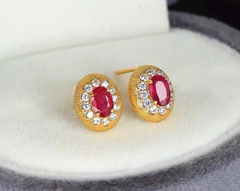 Natural Ruby Stud Earrings, Vintage Style Ruby Earrings, Oval Ruby Stud Earrings, Halo Ruby Stud Earrings, Ruby Wedding Earrings for Women