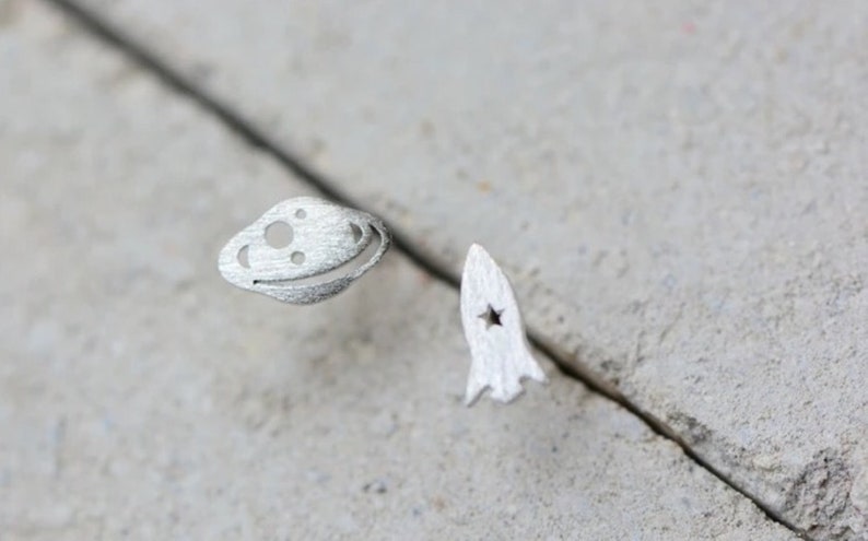 Small Gifts for Her Cute Planet Saturn Earrings Galaxy Spaceship Earrings Handmade Silver Rocket /& Planet Stud Earrings Space Earrings