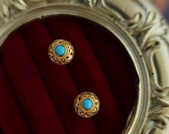 Vintage Turquoise Earrings, Natural Turquoise Stud Earrings, Dainty Turquoise Studs, Filigreed Turquoise Earrings, Turquoise Jewelry, Gifts