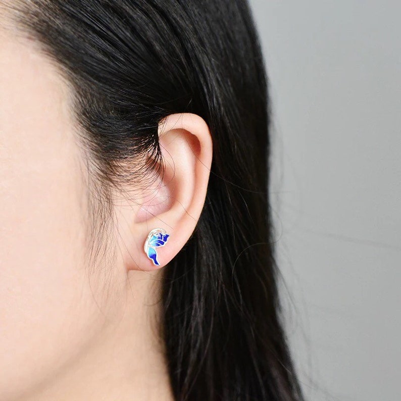Petite Butterfly Earrings Vintage Monarch Butterfly Earrings Gift Dainty Blue Butterfly Enamel Stud Earrings Silver Bridesmaid Earrings