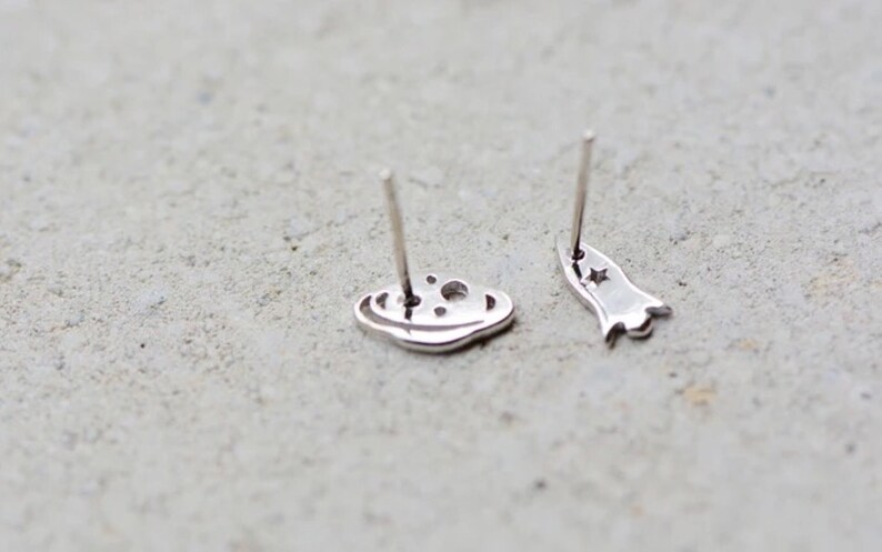 Small Gifts for Her Cute Planet Saturn Earrings Galaxy Spaceship Earrings Handmade Silver Rocket /& Planet Stud Earrings Space Earrings