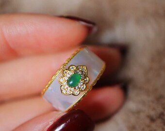 Vintage Green Jade Ring Gold, Wide Band Ring, Green Jade Promise Ring, Wide Band Open Ring, Adjustable Ring, Unique Promise Ring, Gifts