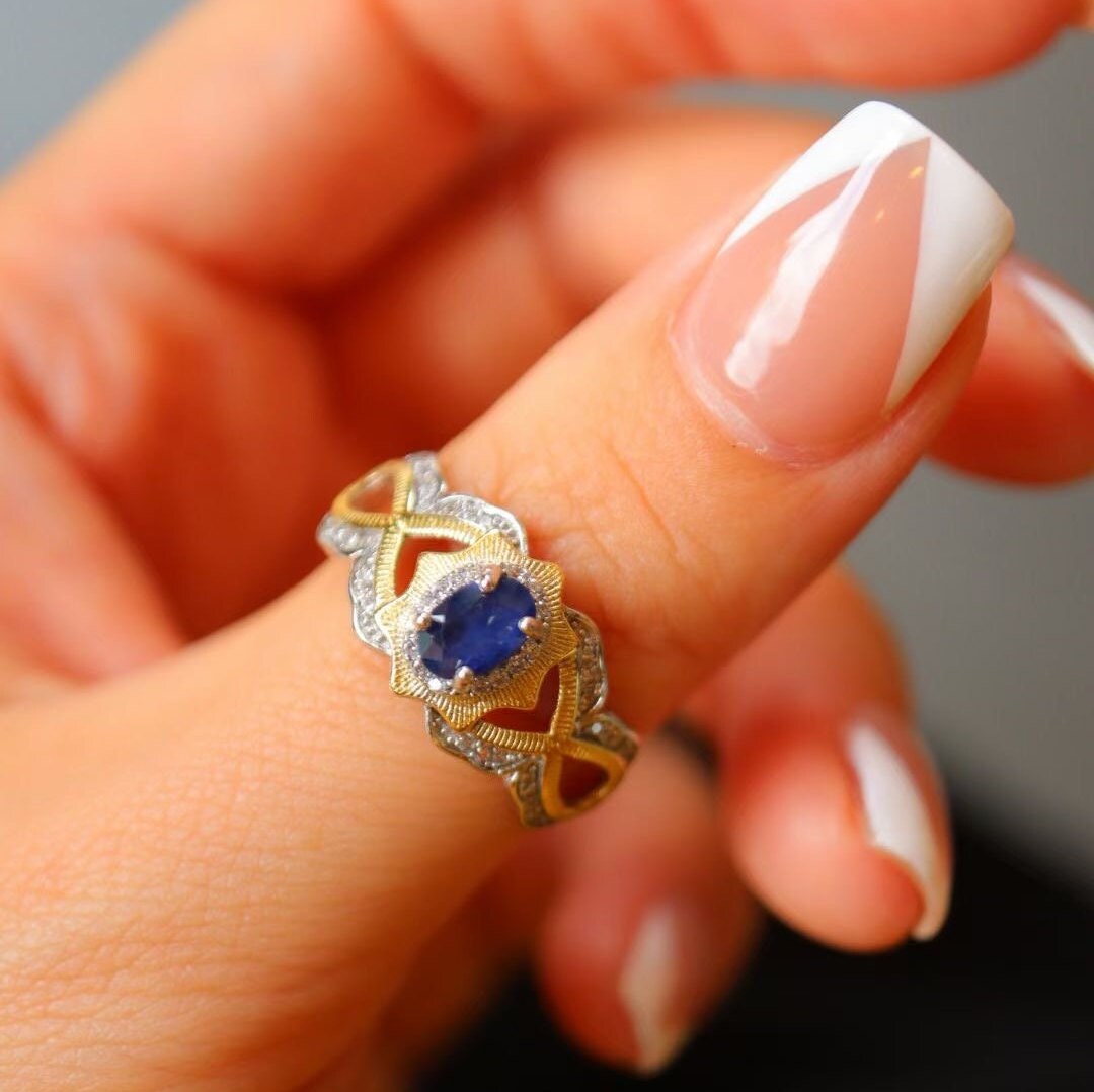 Art Deco Sapphire Ring, Vintage Sapphire Engagement Ring, Blue Oval