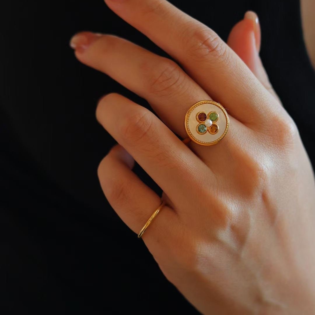 Dainty Clover Ring, Four Leaf Clover Ring, Tourmaline Flower Stack Ring ...