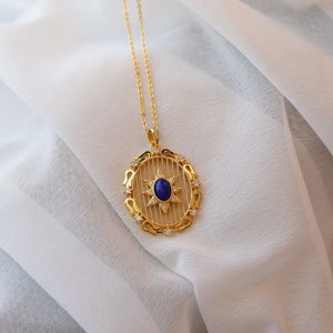 Vintage Sun Necklace, Gold Sun Pendant Necklace, Lapis Lazuli Pendant Necklace, Women Sun Necklace, Boho Necklace, Best Birthday Gifts