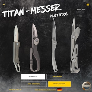 Könnte beinhalten: Vier silberne Multi-Tools werden vor einem dunklen Hintergrund gezeigt. Der Text "TITAN-MESSER MULTITOOL" steht oben. Die Werkzeuge umfassen ein Messer, ein Klappwerkzeug und ein Multi-Tool mit einem Schraubenschlüssel. Unten steht Text auf Deutsch.
