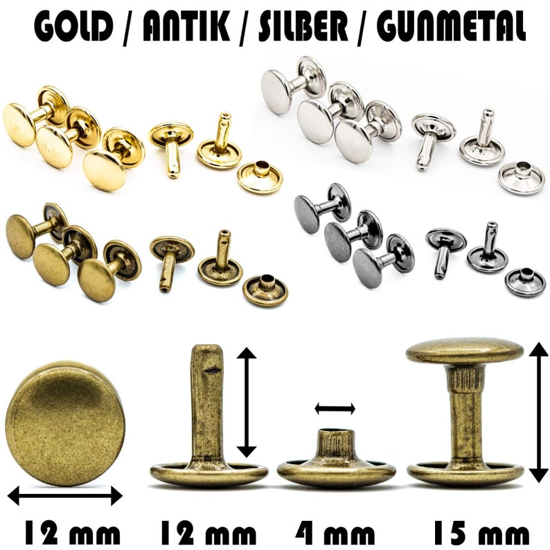May include: Assortment of metal rivets in gold, antique gold, silver, and gunmetal finishes. The rivets are 12 mm in diameter and have a 12 mm post height. The rivets are shown with their corresponding caps, which are 4 mm in diameter. The rivets are also shown with their corresponding posts, which are 15 mm in length.