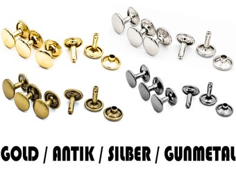 100 Stück Hohlnieten für Leder, Ziernieten, Ledernieten Altmessing Silber Gold Gunmetal, Nieten, Double Cap Doppelkopf 6mm 8mm 10mm 12mm
