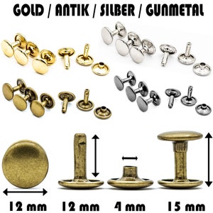 25 Stück Hohlnieten für Leder und Textilien, Ledernieten Altmessing Silber Gold Gunmetal, Nieten, Double Cap, Doppelkopf 6mm 8mm 10mm 12mm 12 x 12 mm