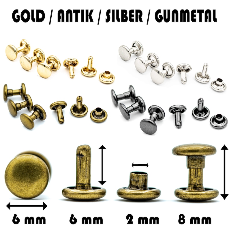 May include: Assortment of metal rivets in gold, antique brass, silver, and gunmetal finishes. The rivets are 6 mm in diameter and 6 mm in height. The rivets have a 2 mm hole in the center and are 8 mm in length.