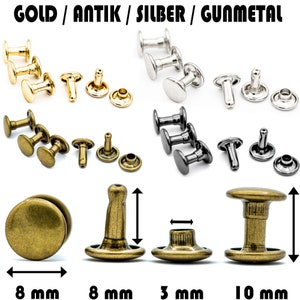 May include: Assortment of metal rivets in gold, antique brass, silver, and gunmetal finishes. The rivets are 8 mm in diameter and have a 3 mm head. The rivets are 10 mm in length.